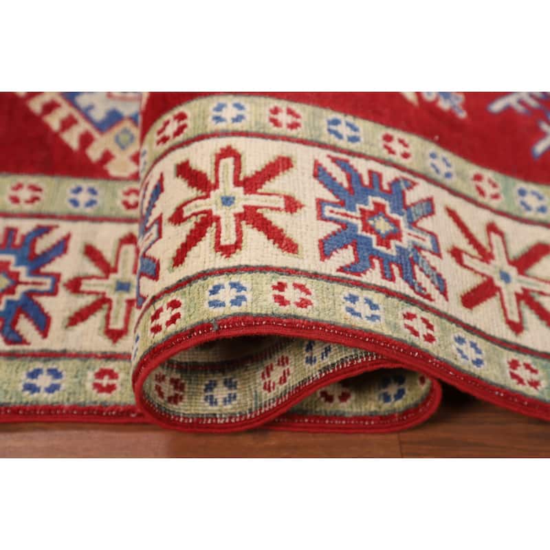Red Geometric Kazak Oriental Area Rug Handmade Traditional Wool Carpet - 4'11" x 6'6"