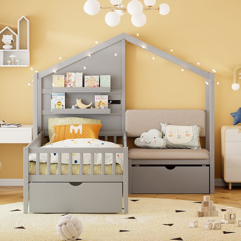 Twin Size House Bed with Upholstered Sofa, Charging Station, Wireless Charging, Shelves, and Drawers, Gray