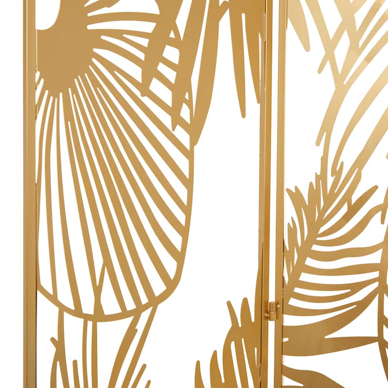 Metal Foldable Partition Cutout Palm Leaf 3 Panel Room Divider Screen - Gold - Roche River Decor - 1"Wx48"Lx71"H