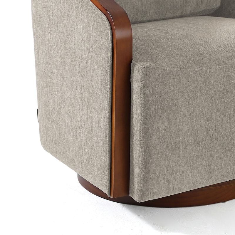 Upholstered Swivel Barrel Chair with Curved Wood Arms