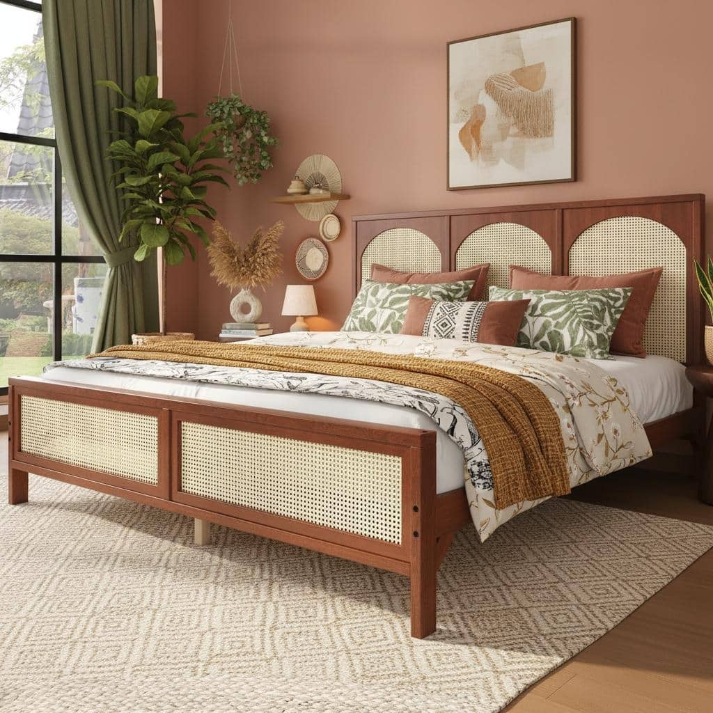 Rattan Inlay Wood Platform Bed by Harper&Bright Designs