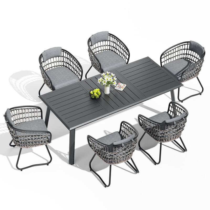 7/9/11-Piece Set Outdoor Aluminum Dining Table with Umbrella Hole and PE Rattan Chairs