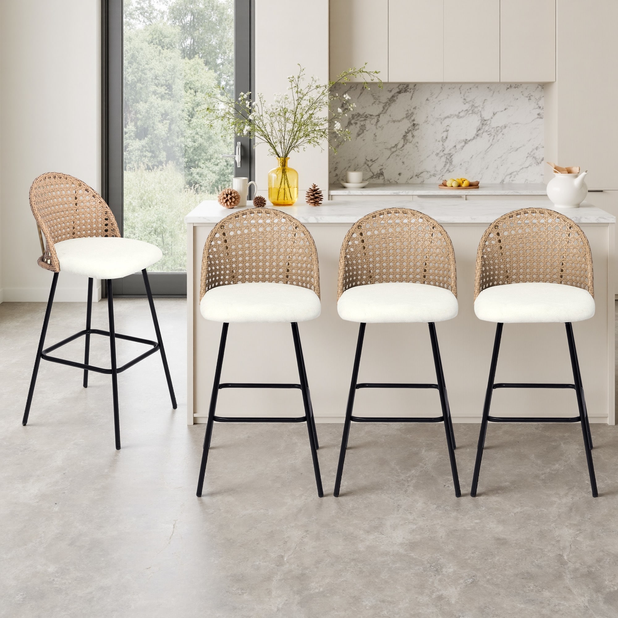 Coastal Rattan Back Counter Height Upholstered Bar Stools