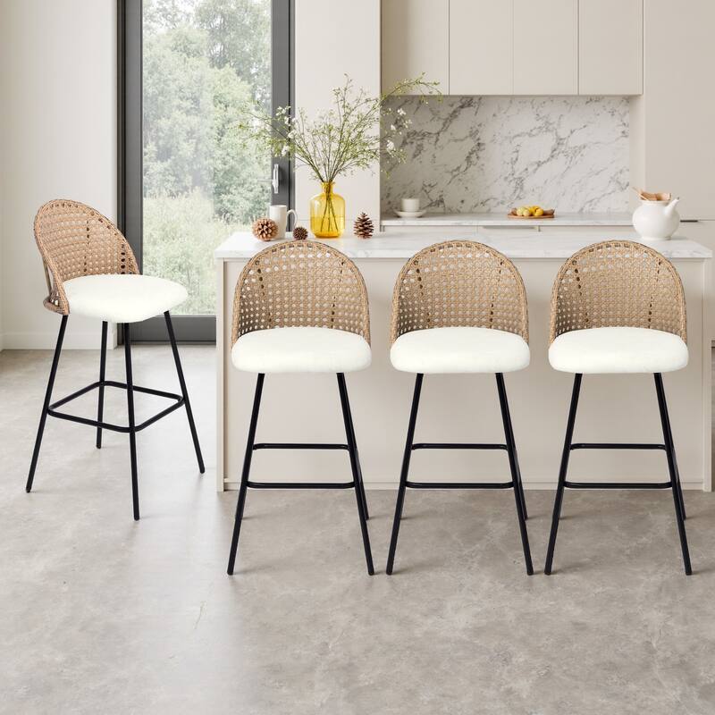 Coastal Rattan Back Counter Height Upholstered Bar Stools - Beige - Set of 4