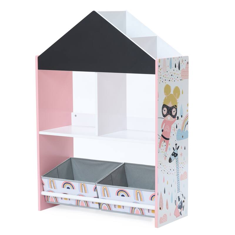 Children's Multi-Functional House Bookcase Toy Storage Bin Floor Cabinet with Blackboard
