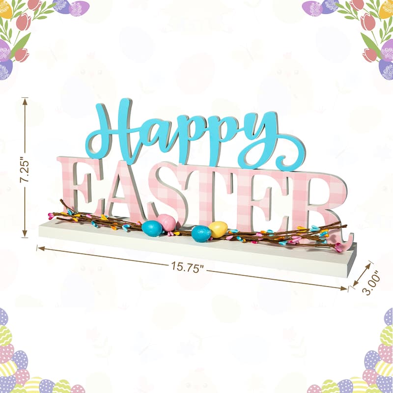 Glitzhome Wooden EASTER HOP Happy Easter with Artificial Rattan Table Sign Decor Centerpiece