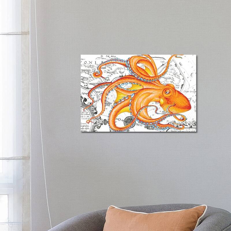 iCanvas "Orange Octopus Tentacles Vintage Map Nautical" by Seven Sirens Studios Canvas Print - 18x26x1.5