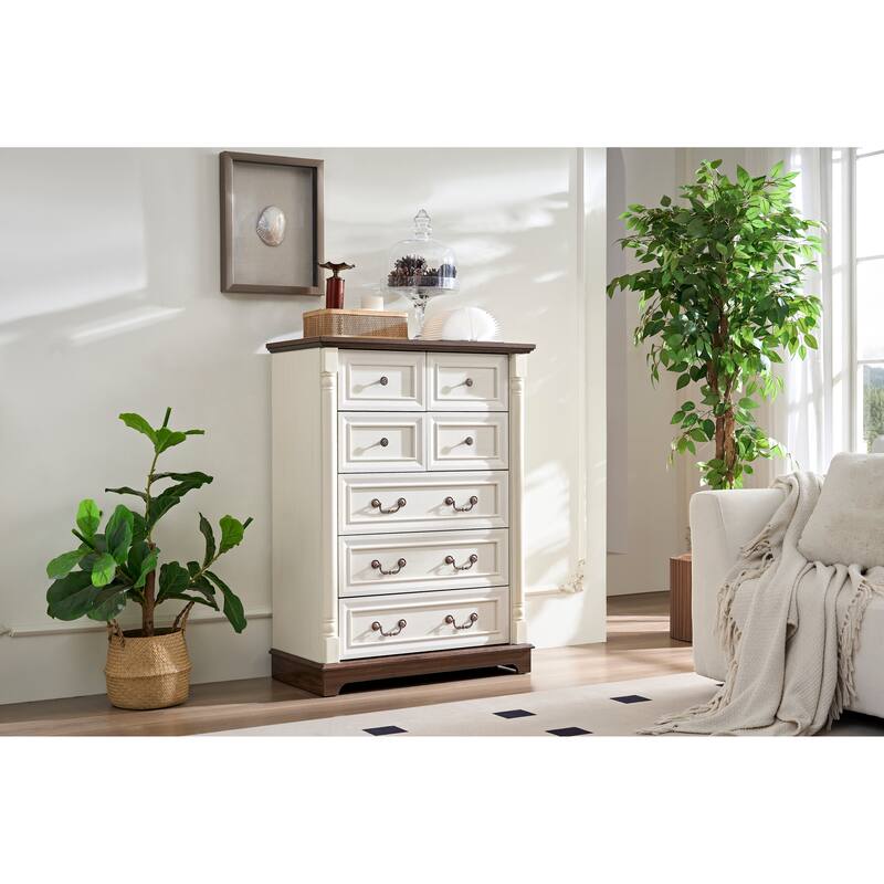 Anmytek White and Walnut 7 Drawer Dresser - Farmhouse Bedroom Storage with Mixed Hardware