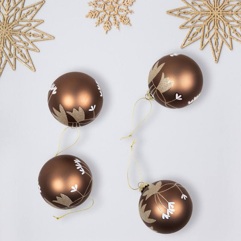 4ct Brown Gold 2-Finish Floral Glass Christmas Ball Ornaments 3.25"