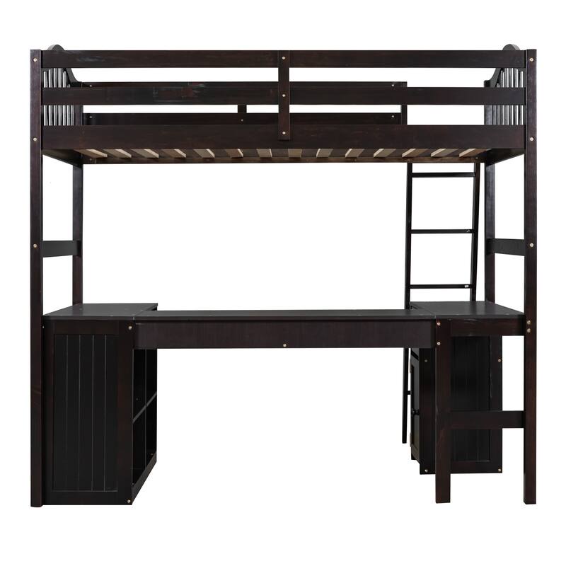 Twin Size Wooden Loft Bed with Desk, 2 Drawers, Cabinet, 4 Shelves, Full-Length Guardrail