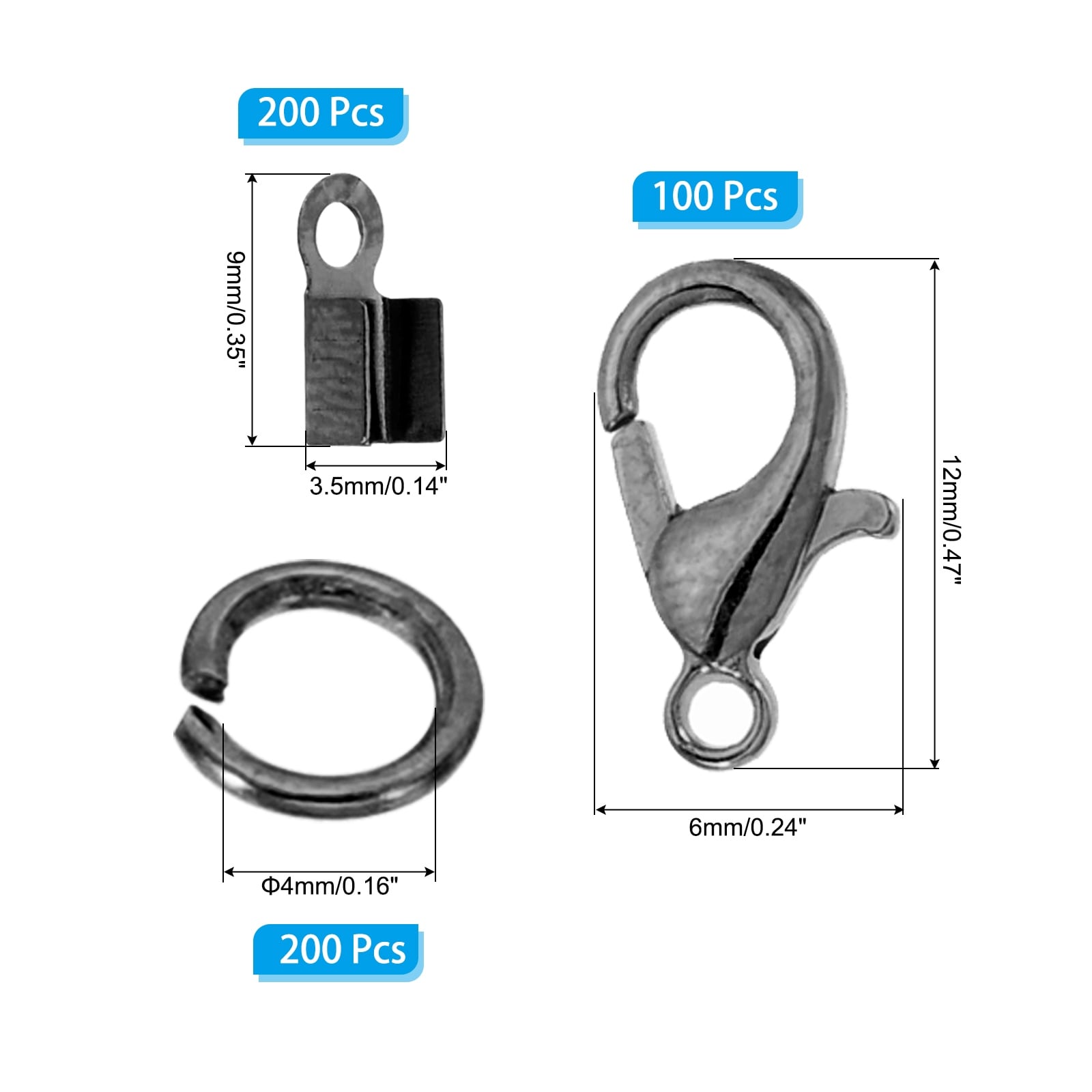Jewelry Making Accessories Set, 100 Pcs Lobster Clasp 200 Pcs Open Jump Ring 200 Pcs Fold Over Cord End Caps for Jewelry DIY