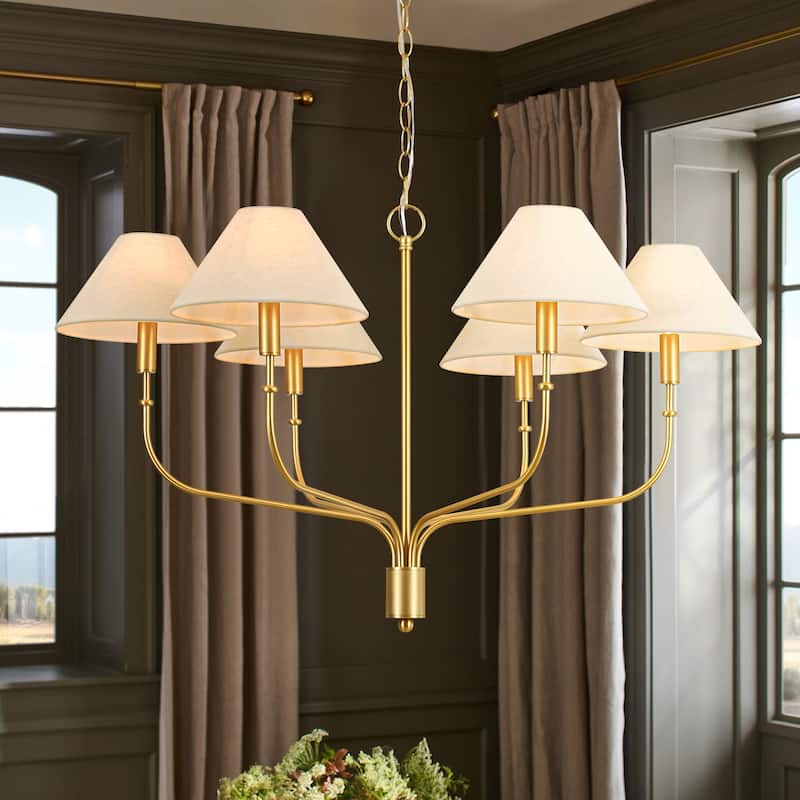 6-Light Mid-Century Modern Brass Chandelier with Beige Fabric Shades - Gold Finish Ceiling Light Fixtur for Living Room - White