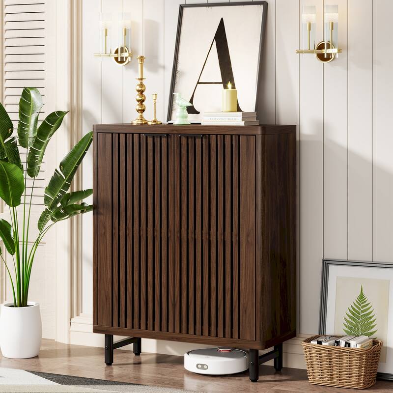 Wooden Shoe Cabinet with Shutter Doors, Adjustable Shelves Large Hidden Storage Organizer Rack for Entryway Hallway