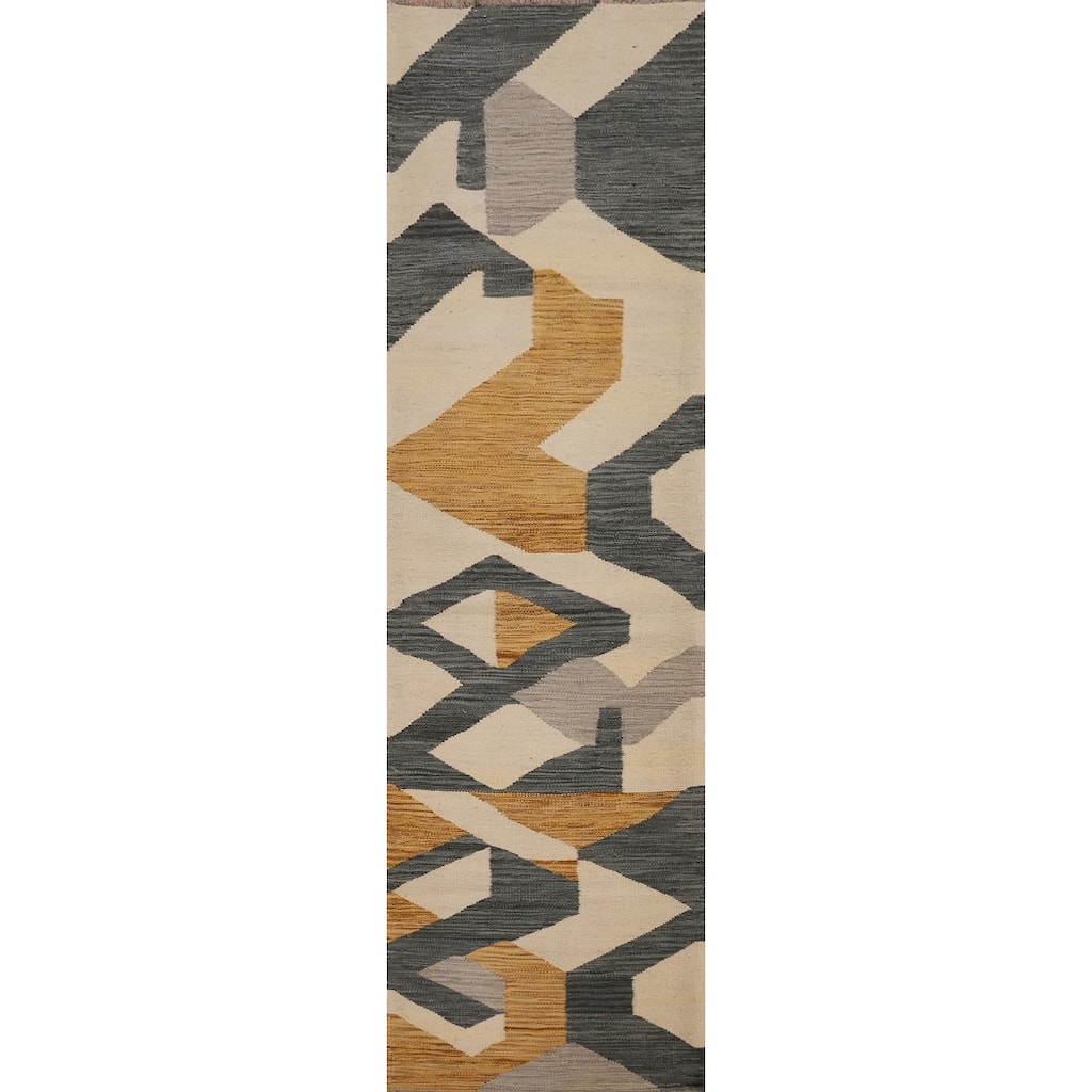 Hand Woven Oriental 100% Wool Carpet Southwestern Modern Beige & Ivories Kilim Runner Rug - 8' 0'' X 2' 0''