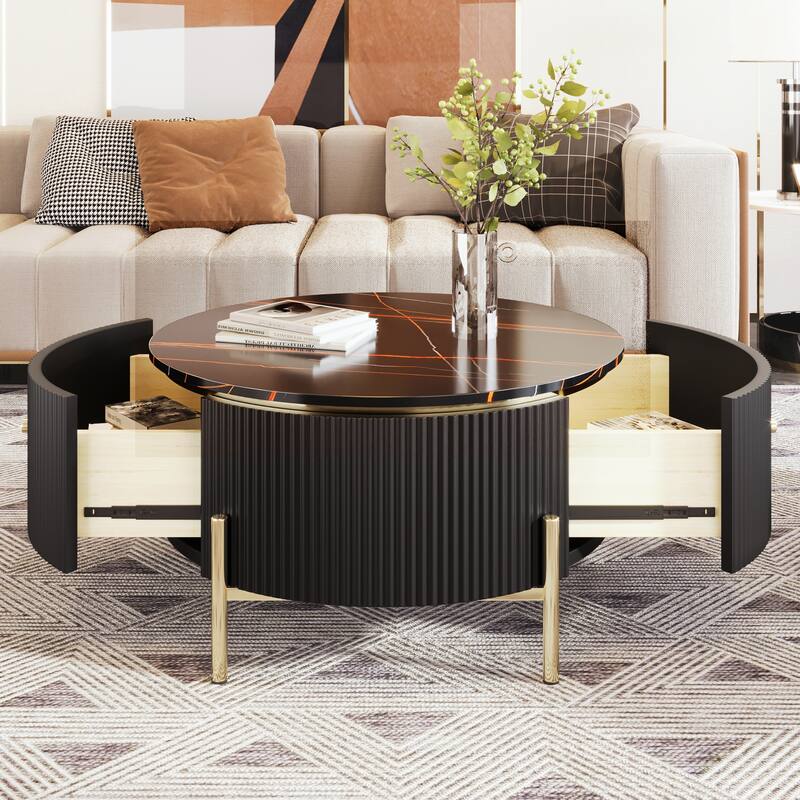 Modern Round Coffee Table with 2 Large Drawers and Golden Legs