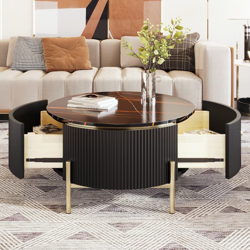 Modern Round Coffee Table with 2 large Drawers Storage Accent Table. - Black - Glass