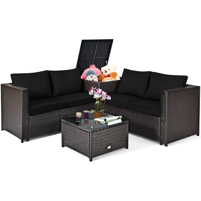 Gymax Set of 4 Patio Rattan Furniture Set Cushioned Loveseat Storage
