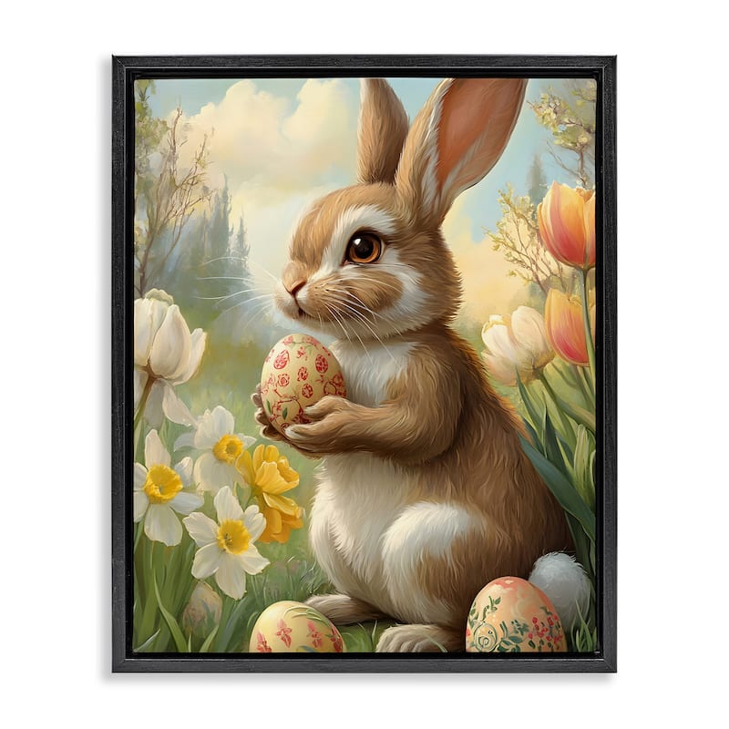 Stupell Easter Bunny with Painted Eggs Framed Floater Canvas Wall Art Design By Franklyn Gregory - 17 x 21 - Black