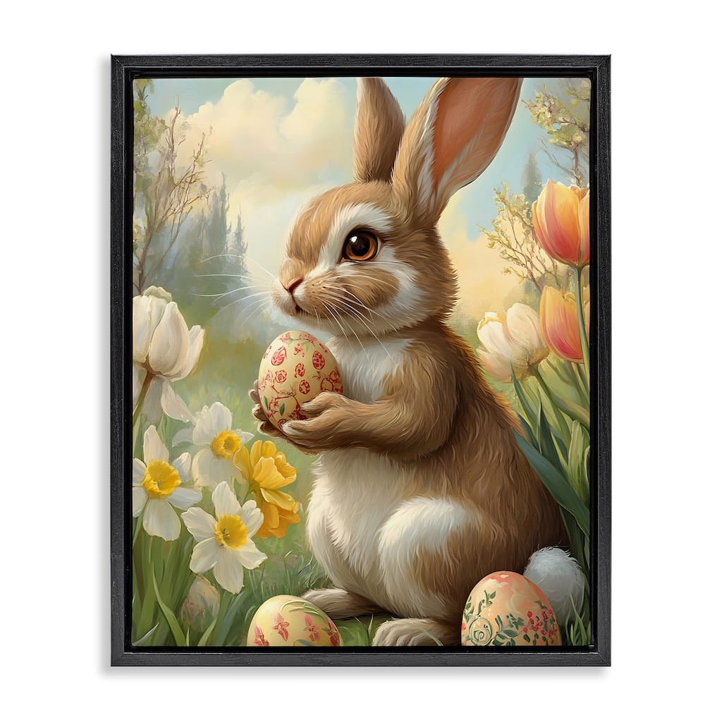 Stupell Easter Bunny with Painted Eggs Framed Floater Canvas Wall Art Design By Franklyn Gregory