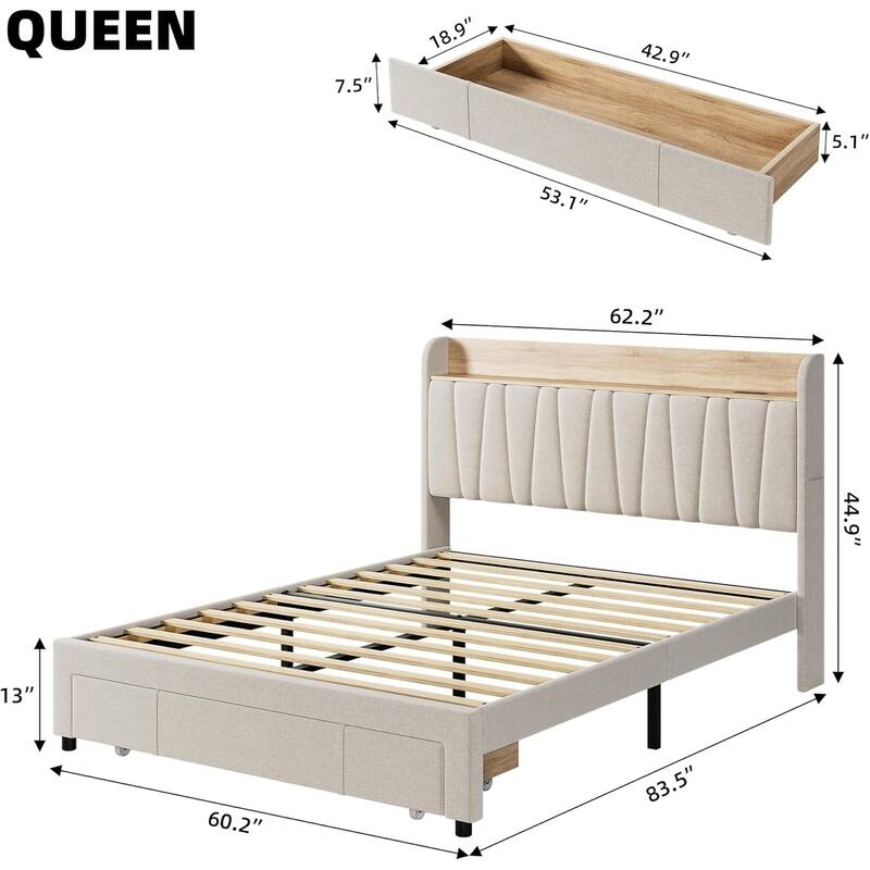 Upholstered Platform Bed with Storage Headboard, Drawer & Charging Station, Wood Slat Support