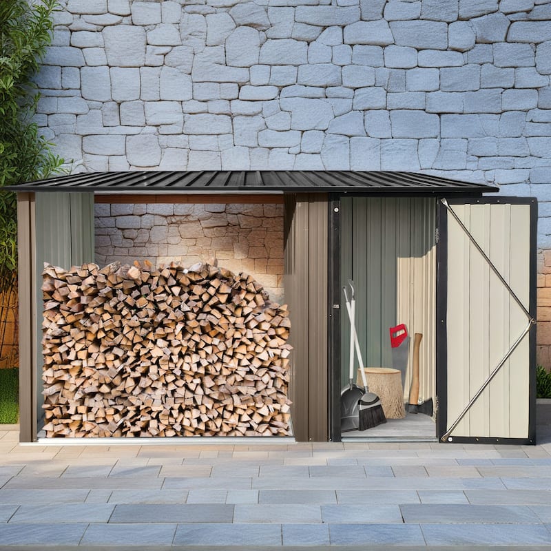 Outdoor Two-in-one Shed，Metal Firewood Rack and Storage Shed - Brown