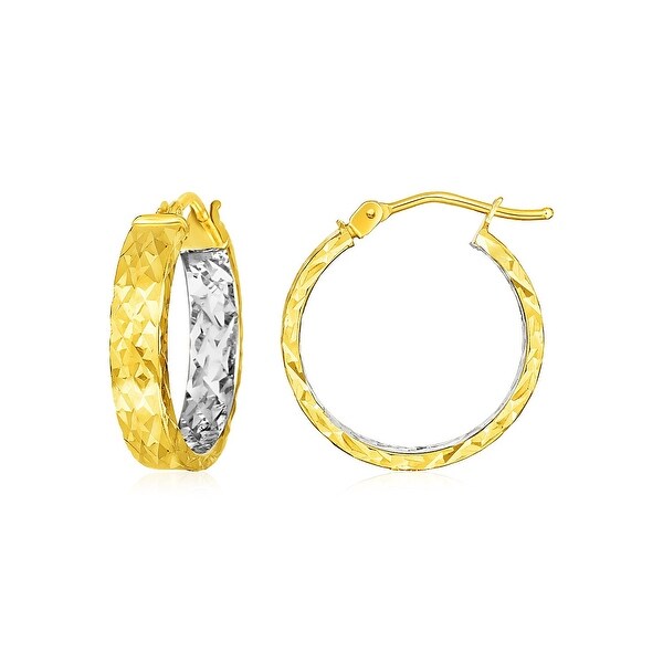 14k Yellow Gold Wide Hoop Earrings With Diamond Cut Texture