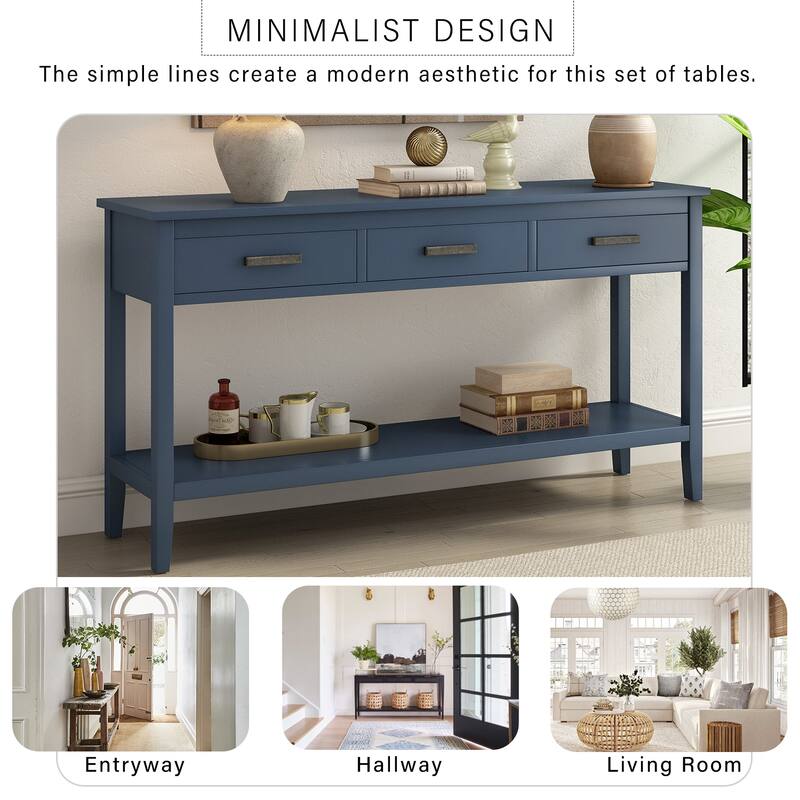 Rectangular Console Table Entrance Table with 3 Storage Drawers and Open Storage Shelf, Hallway Tables with Pine Leg