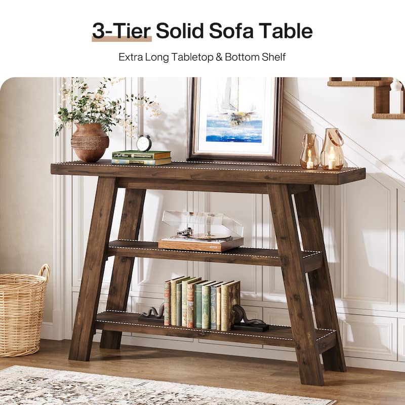 Solid Wood Console Table with 3-Tier Storage Shelves - /
