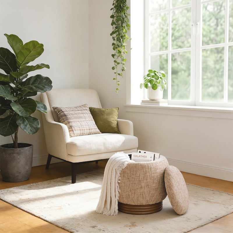 Fully Assembled Round Storage Pouf Ottoman Footstool with Flip-top and Acacia Solid Wood Frame