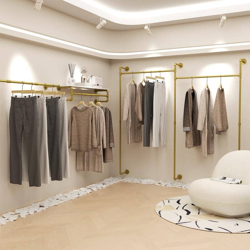 Industrial Pipe Clothes Rack Wall Mounted Iron Garment Bar for Closet Storage - 80.7x74.8 inch