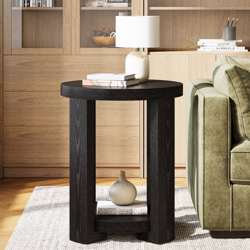 2-Tier Round End Table, Side Accent Snack Table, Living Room Bedroom Bedside Nightstand Furniture