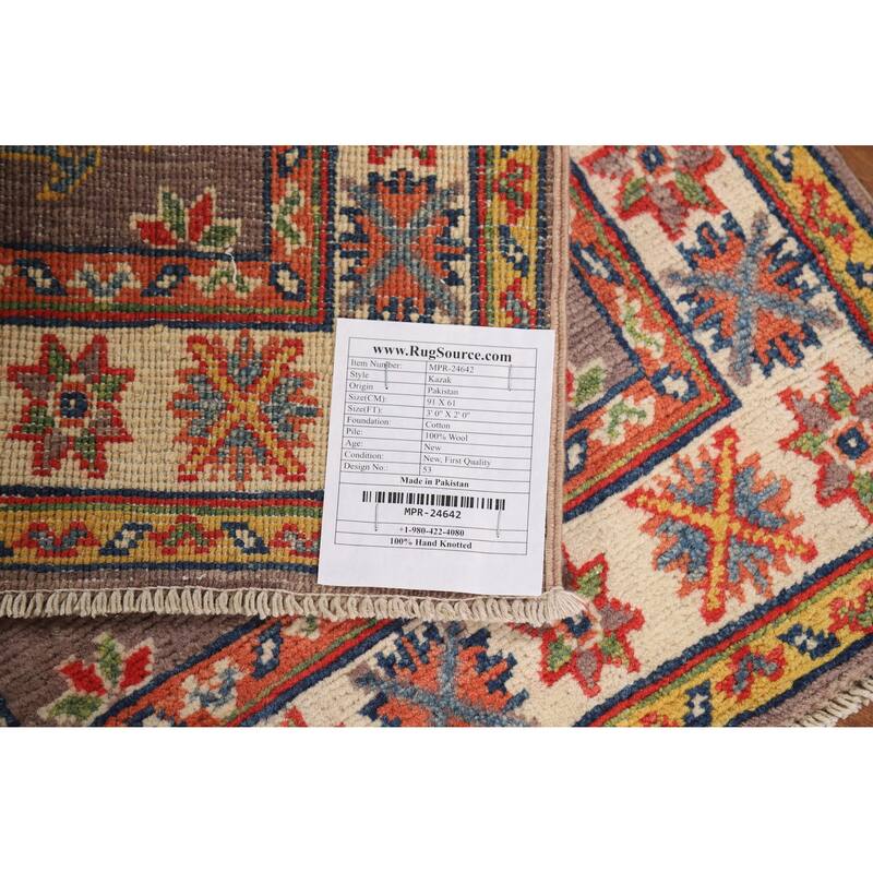 Geometric Kazak Oriental Rug Hand-Knotted Brown Wool Carpet - 2'0"x 3'0"