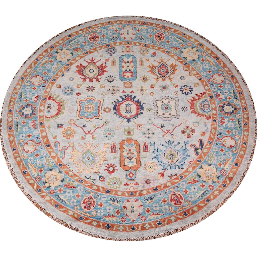 Oushak Indian Round Rug Hand-Knotted Wool Carpet - 8'10"x 9'1"