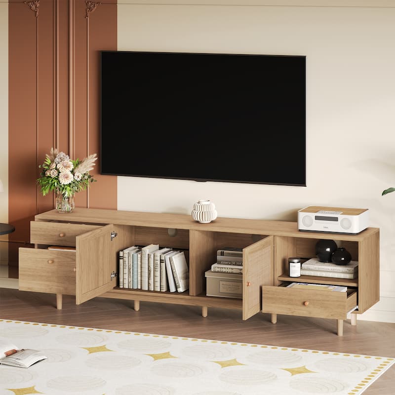 Boho TV Stand for 65-85" TVs, Entertainment Center with Rattan Details, Open Storage & Drawers, Modern Media Console