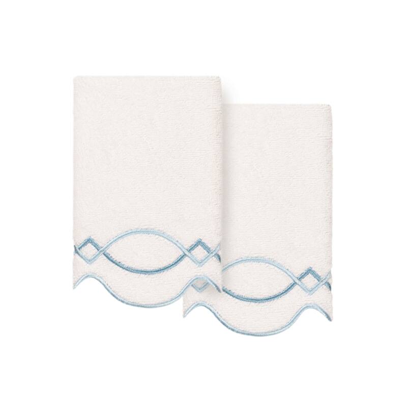 Authentic Hotel and Spa 100% Turkish Cotton DIAMOND CHAIN Scallop Embellished Towel Collection - White/Blue - 2 Fingertip Towels