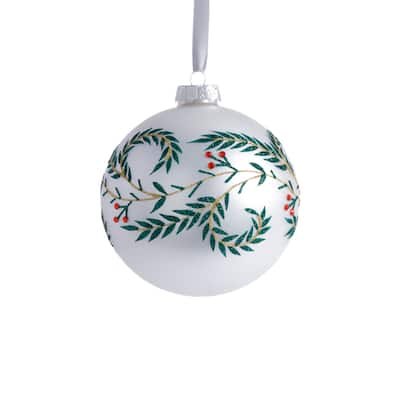4-Piece Set White Metallic 4.75" Glass Ball Holiday Ornaments with Green Leaf Design