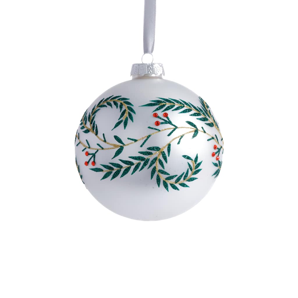 4-Piece Set White Metallic 4.75" Glass Ball Holiday Ornaments with Green Leaf Design
