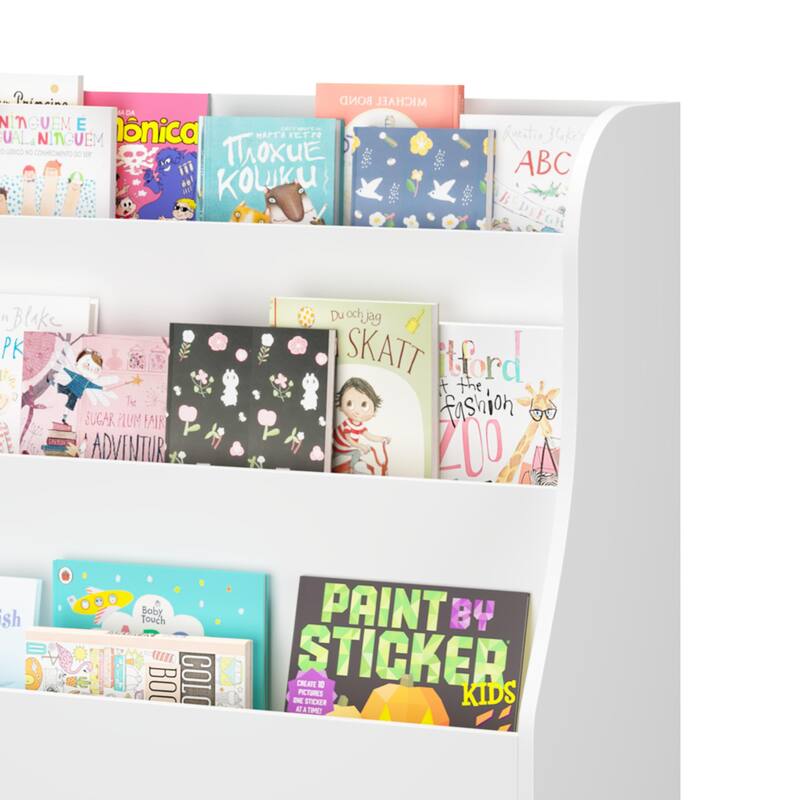 Kids Bookshelf with 3 Fabric Storage Bins, White Wooden Book Display Organizer for Toddlers and Children