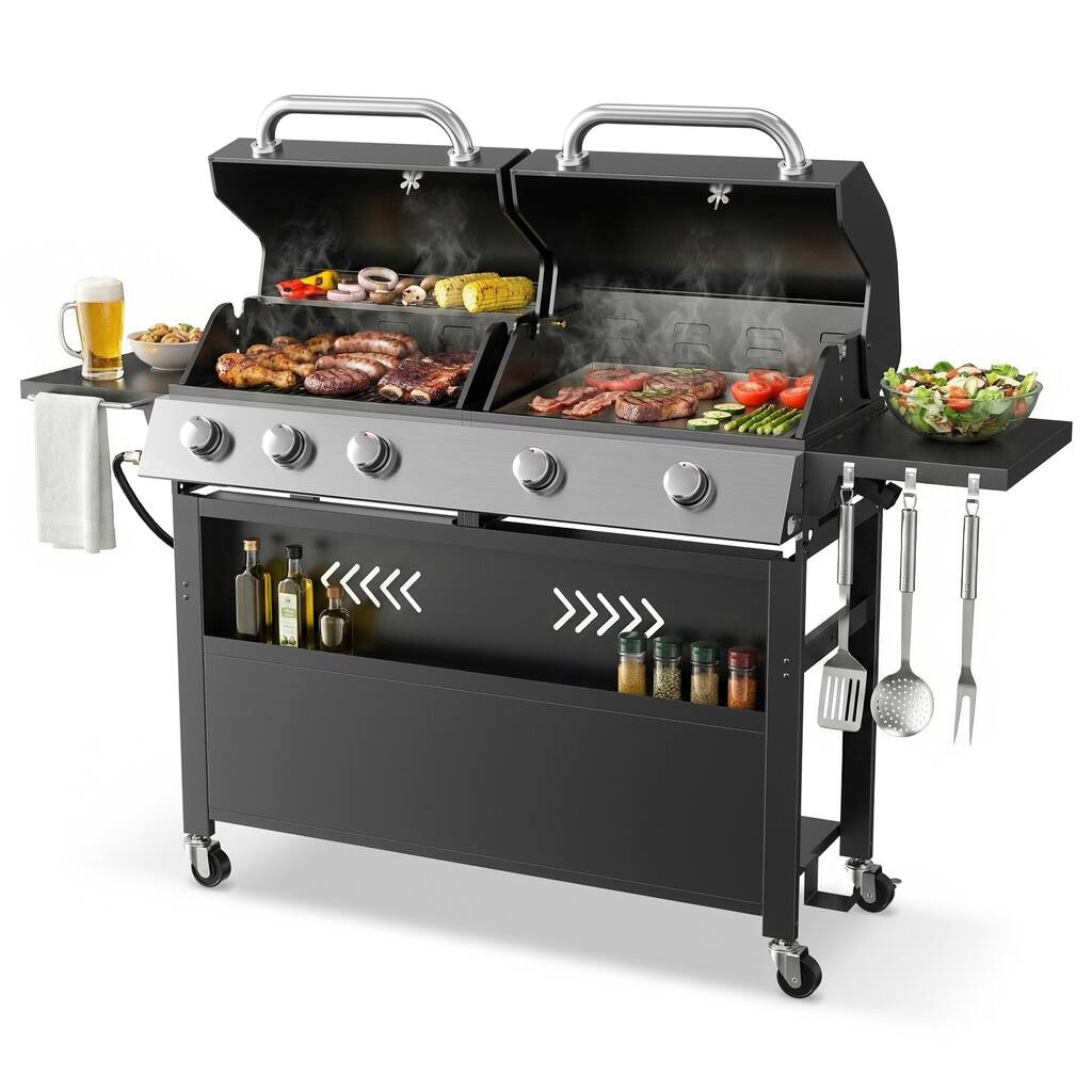 64-Inch 5-Burner Outdoor Gas Grill with Left BBQ & Right Teppanyaki Griddle for Patio, Garden, Backyard