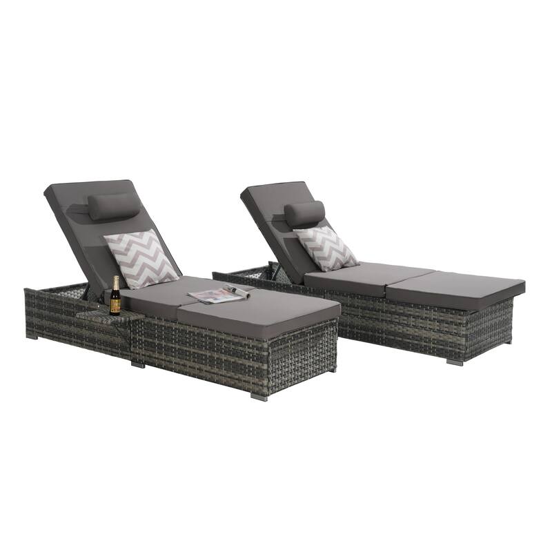 Outdoor Chaise Lounge Chair Set of 2 with Storage Patio Pool Chairs Tanning Lounges for Outside, Beach Rattan Recliners