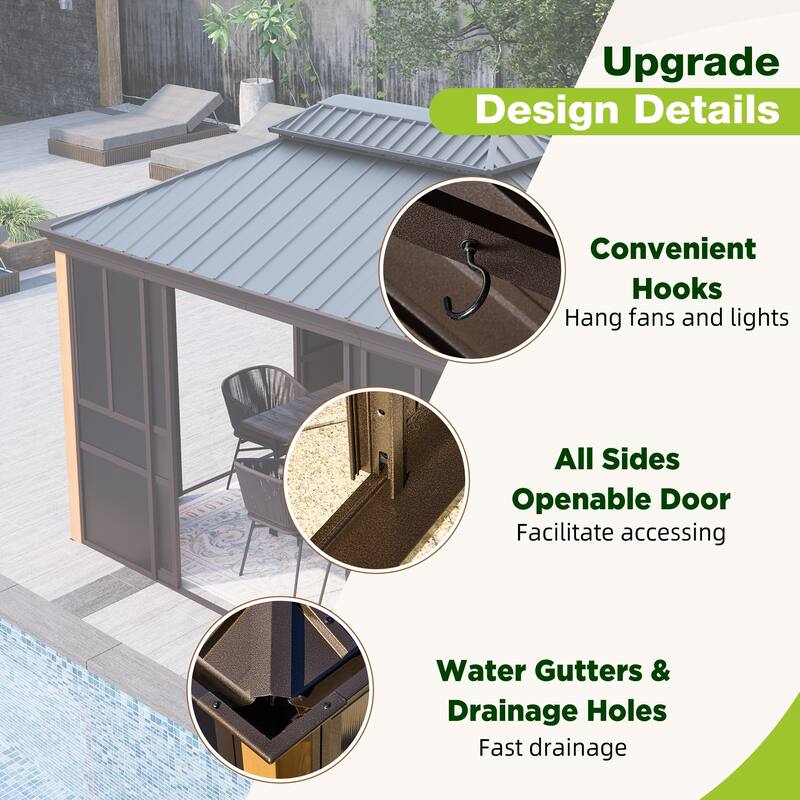 Outdoor Solarium Sunroom,Patio Hardtop Gazebo,All-Season Aluminum Patio Gazebo with with Sliding Doors and Screens