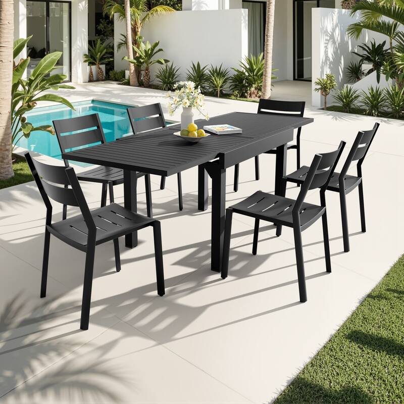VredHom 7PC Outdoor Patio Aluminum Expandable Rectangle Table Dining Set with Stackable Chairs