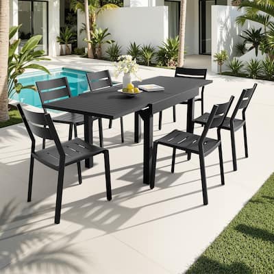 VredHom 7PC Outdoor Patio Aluminum Expandable Rectangle Table Dining Set with Stackable Chairs