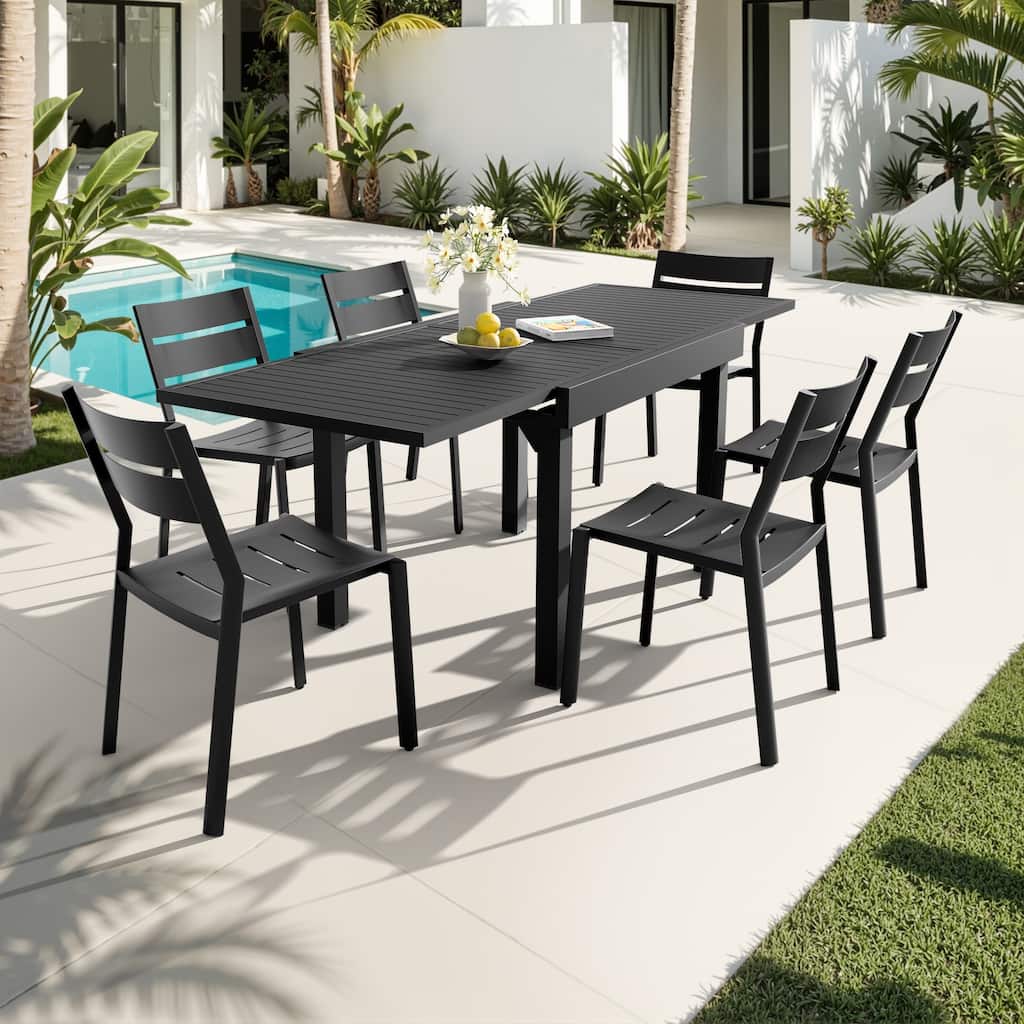 VredHom 7PC Outdoor Patio Aluminum Expandable Rectangle Table Dining Set with Stackable Chairs