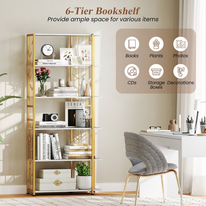 Gymax 6-Tier Bookshelf w/Heavy-duty Metal Frame2 Anti-tipping Kits for