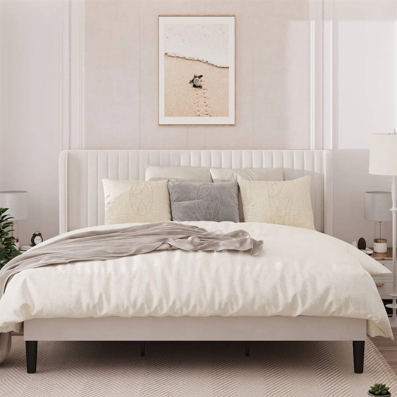 White Velvet Upholstered Platform Bed Frame with Wingback Headboard
