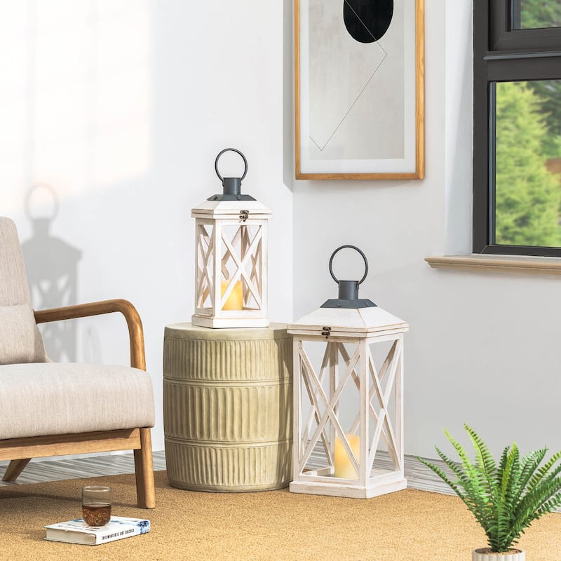 Glitzhome Set of 2 Farmhouse Wooden Lantern Hanging Candle Holders Fall Wedding Decor - 24"+17"