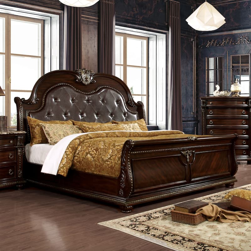 Furniture of America Etane Traditional Solid Wood Sleigh Bed with Tufted Leatherette Headboard - King
