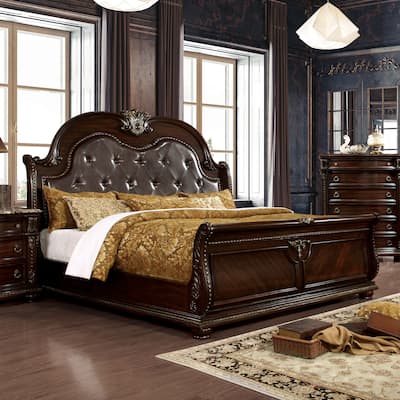 Furniture of America Etane Traditional Solid Wood Sleigh Bed with Tufted Leatherette Headboard
