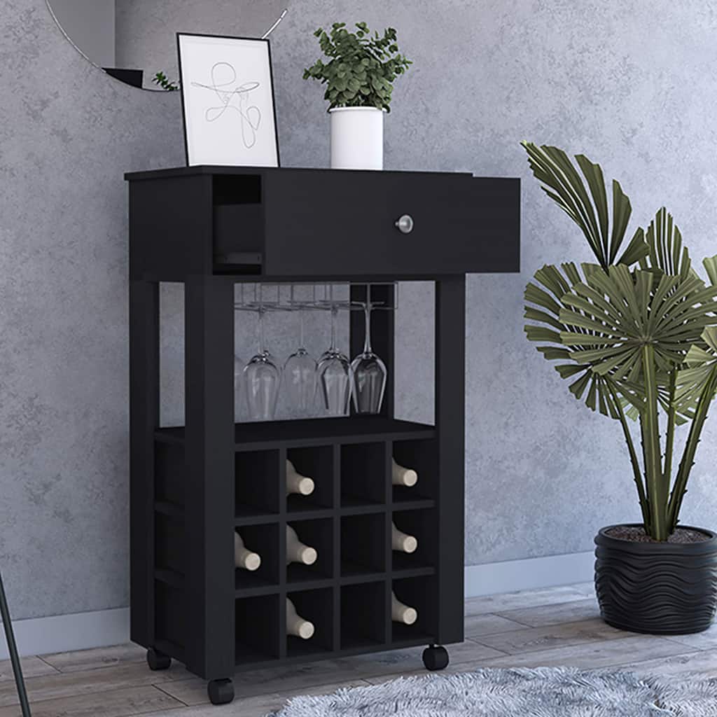Modern Bar Cart Bayamon with Twelve Wine Cubbies, Open Shelf & Black Wengue Finish - 27.44" Superior Top